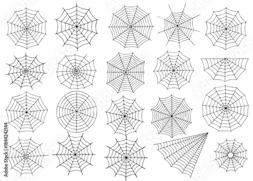 A collection of intricately designed spiderwebs in various shapes and sizes