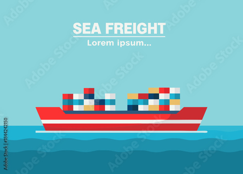Illustration of a red cargo ship transporting containers across blue ocean waves