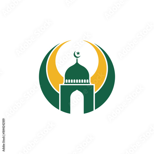 Religious symbol of mosque or minaret with crescent moon and star inside circle flat vector illustration background