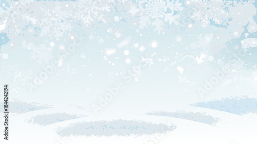 A serene winter landscape with falling snow and a soft blue sky
