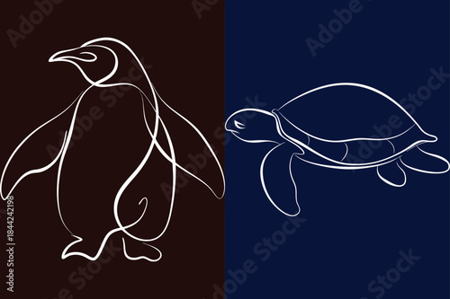 Penguin Turtle Lineart Duo, Minimalist Wildlife Sketch, Arctic Antarctic Fauna