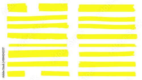 Abstract arrangement of vibrant yellow highlighter marks on a black background