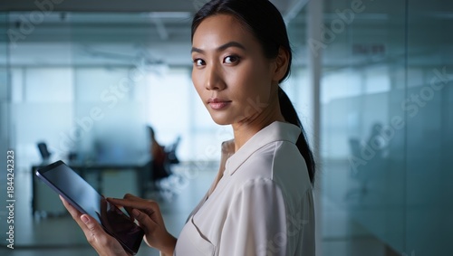 Professional woman with almond eyes and black hair tied back using tablet