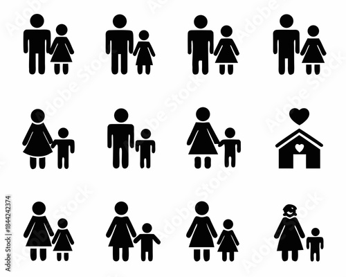 Simple black silhouettes depict families a house and love icons on a white background