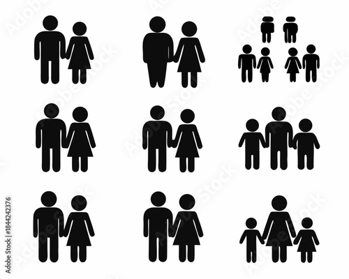 Black silhouette icons depicting diverse groups of people and family units