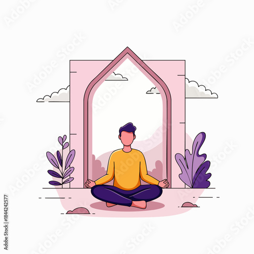 A man meditates peacefully in a tranquil setting, finding inner calm and serenity amidst nature and architectural elements.