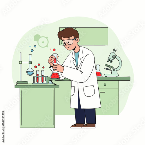 A young male scientist wearing a lab coat and safety glasses diligently conducts a chemical experiment in a modern laboratory, carefully mixing liquids in glassware.