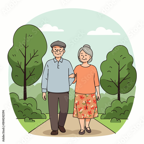 A charming elderly couple enjoys a leisurely stroll arm-in-arm through a vibrant green park, celebrating their enduring love and healthy lifestyle.