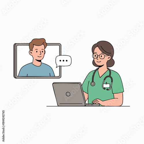 A friendly female doctor provides expert online medical consultation to a male patient through a video call, emphasizing modern telehealth services.