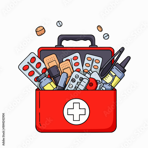 A red first aid kit overflowing with essential medical supplies including bandages pills and bottles for emergencies.