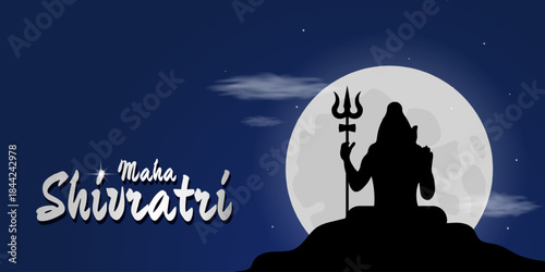 Maha Shivratri horizontal banner with Shiva silhouette meditating full moon, holding trishul on spiritual night background. Vector illustration for Hindu festival greeting, banner design, digital art