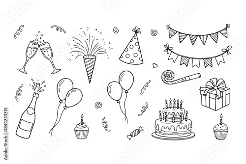 Cute hand-drawn vector set of  food and party icons with gifts, cupcakes, cake, hats, and festive doodle elements for holiday celebration design