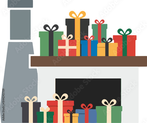 Illustration of a fireplace hearth with gifts stacked on the mantelpiece and floor