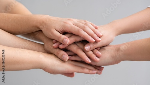 Wallpaper Mural Diverse hands of various ethnicities stacked together in a collaborative gesture, symbolizing unity, teamwork, and support in a harmonious environment with soft lighting Torontodigital.ca