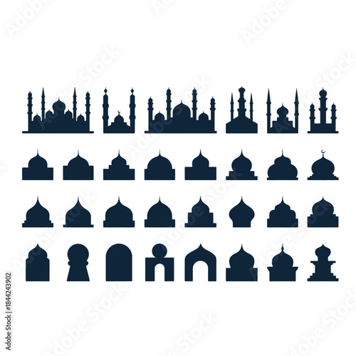 Islamic Decorative Elements Collection: Mosque Silhouettes, Halal Labels, and Ramadan Religious Icons