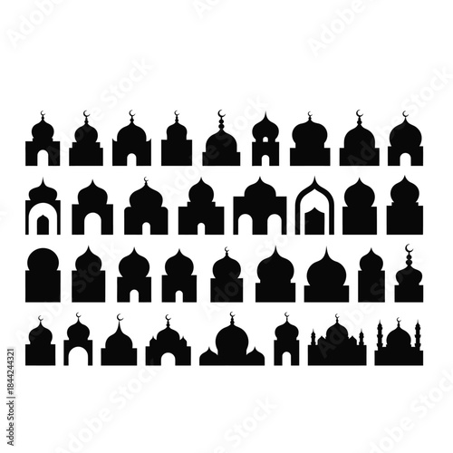 Islamic Decorative Elements Collection: Mosque Silhouettes, Halal Labels, and Ramadan Religious Icons