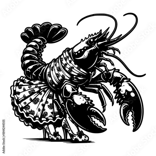 anthropomorphic lobster wearing a floral print dress and shoes vector image illustration
