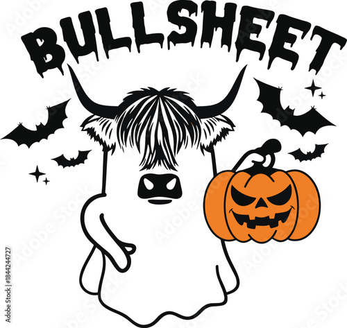 Funny highland cow dressed as a ghost holding a jackolantern