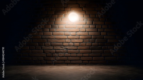 Illuminated Brick Wall: A lone light illuminates a textured brick wall, its warm glow contrasting against the dark backdrop, creating an atmosphere of mystery and potential.