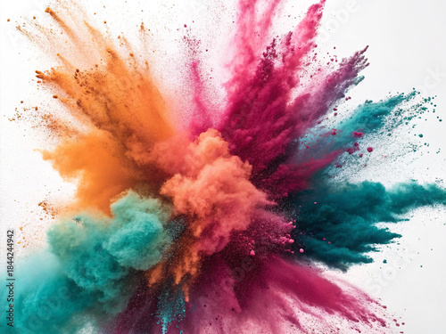 A high-speed photograph capturing a dynamic burst of vibrant colored powder, specifically hot pink, tangerine orange, rich magenta, and deep teal, splattering outwards.