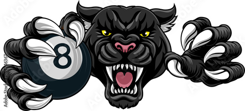 Black panther leopard or jaguar cat pool billiards sports team mascot holding a black 8 billard ball