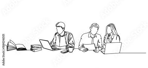 Continuous single line drawing of a young man and woman looking at a laptop screen, writing and reading line art vector illustration