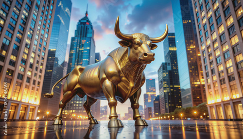 A powerful golden bull statue symbolizing market strength in a modern city