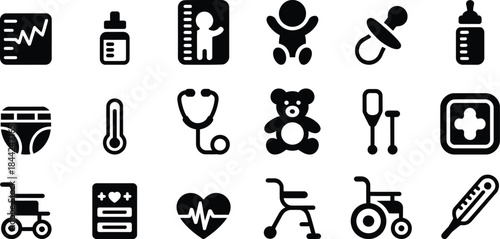 Black medical and baby care icons on white background