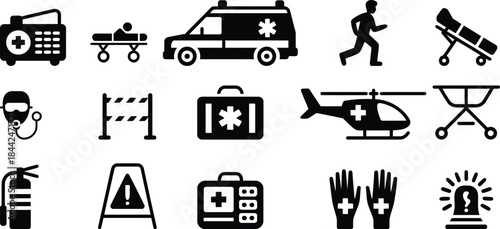 Black medical emergency icons on white background ambulance
