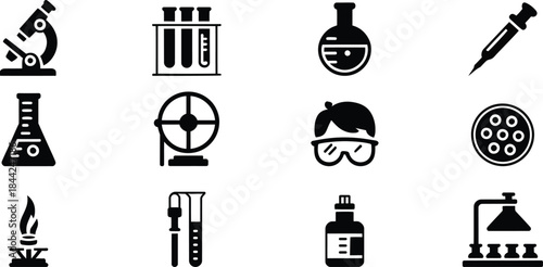 Science laboratory equipment icons on white background