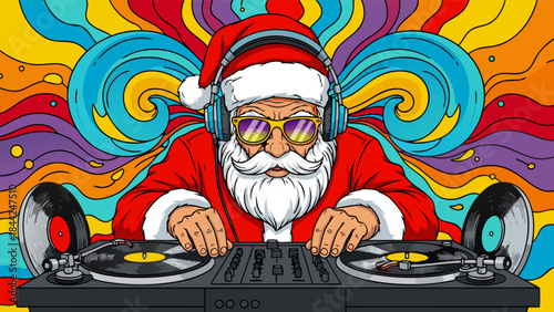Santa Claus DJing with Turntables and Headphones Amidst Psychedelic Swirls.