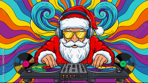 Santa Claus wearing headphones and sunglasses, DJing with turntables and a mixer, against a psychedelic background.