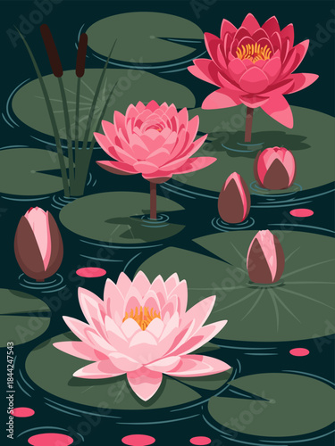 A vibrant illustration of pink water lilies and buds floating on a dark pond surrounded by lily pads and cattails.