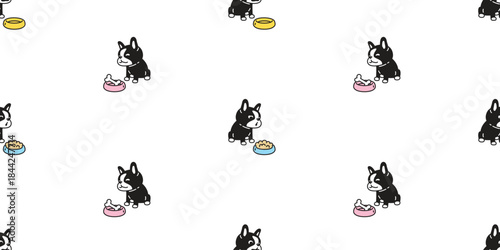 dog seamless pattern french bulldog cartoon hungry food bowl doodle puppy bone pet tile background gift wrapping paper repeat wallpaper illustration animal
