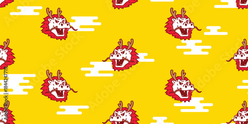 dragon seamless pattern chinese new year cartoon character face head monster cloud doodle vector tile backgroud gift wrapping paper repeat wallpaper scarf isolated illustration design