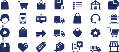 Dark blue shopping and delivery icons set