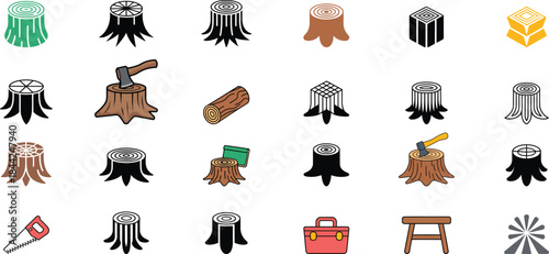 Tree stump and woodworking icons vector
