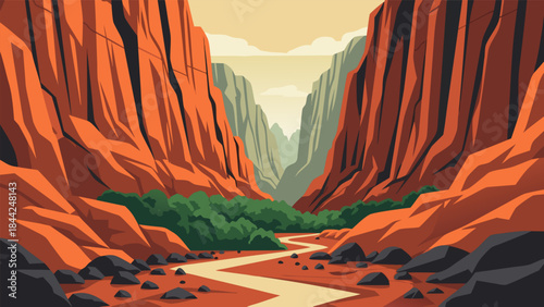 A vibrant, stylized illustration of a desert canyon with a winding river and lush green foliage.