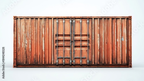 Rusty orange shipping container with metallic locks and weathered texture on a plain background, ideal for transport and logistics concepts