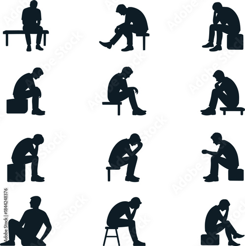 Silhouette men sitting in various contemplative poses