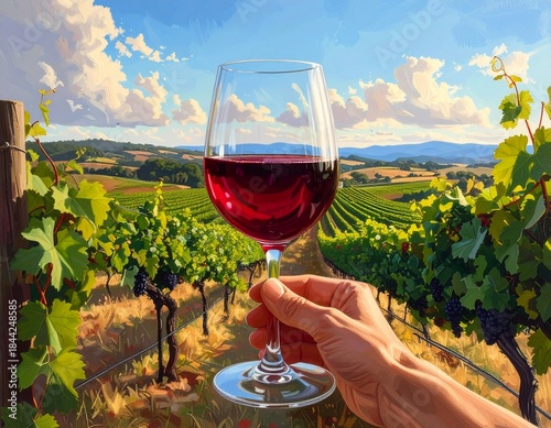Hand Holding Red Wine Glass in Vineyard with Scenic Landscape