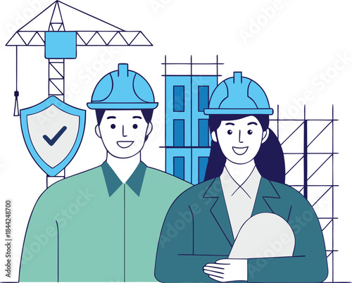 Construction Engineers Wearing Safety Helmets at Building Site Illustration
