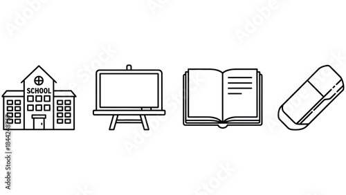 Simple black and white line icons representing school supplies and educational institutions