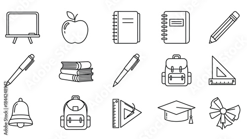 Collection of black line art icons representing school supplies and academic achievement symbols