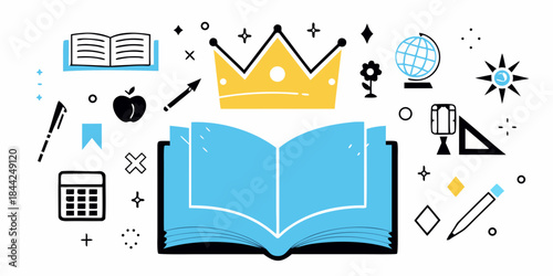 Open book with royal crown and education related icons around it