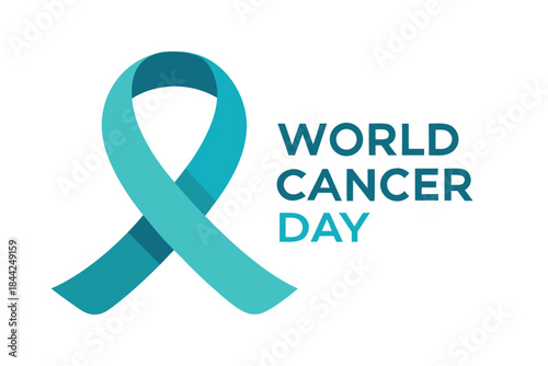 A teal colored ribbon prominently displays the message world cancer day signifying awareness and support for cancer research and patients