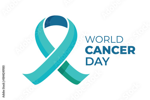 A teal ribbon symbolizing hope and awareness for world cancer day is prominently displayed with accompanying text