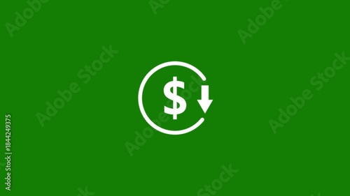Abstract decrease icon on green background. Dollar rate down looped icon. Reduce costs sign and symbol.