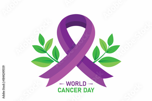 A vibrant purple ribbon symbolizing pancreatic cancer awareness is elegantly displayed with lush green leaves advocating for world cancer day