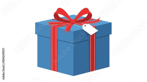 A vibrant blue gift box adorned with a classic red bow and a blank tag awaiting a special message